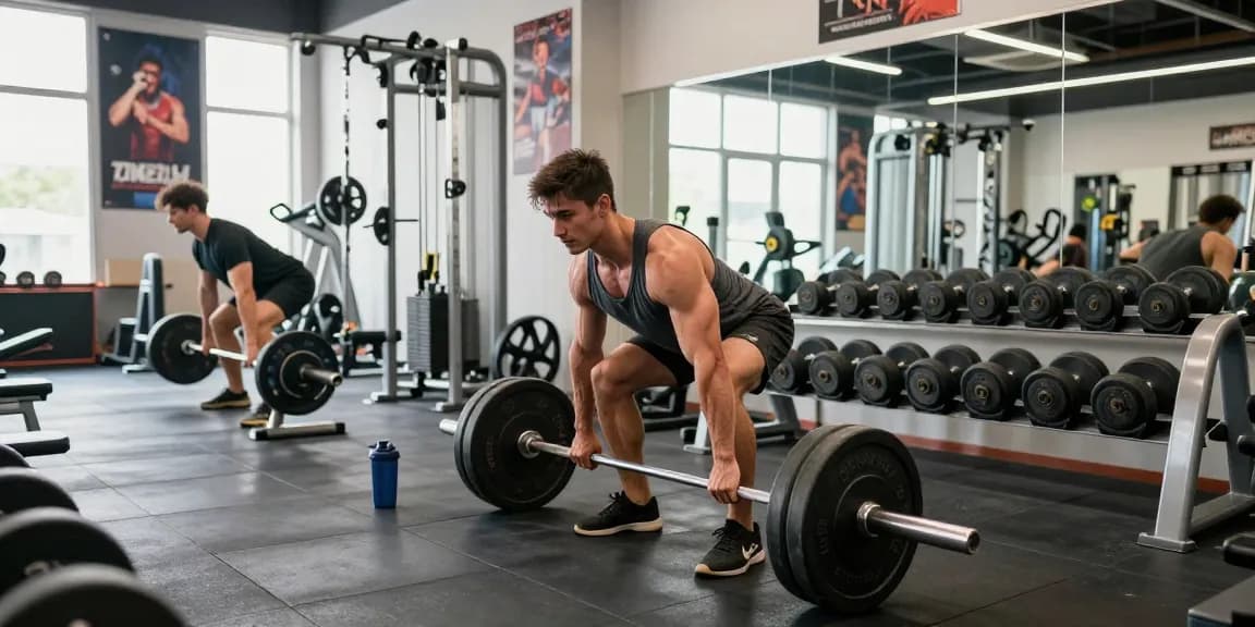Kraftsportler in Aktion im Anabolika Shop Deutschland Fitnessstudio, zeigt intensives Training mit Kreuzheben und Gewichten.