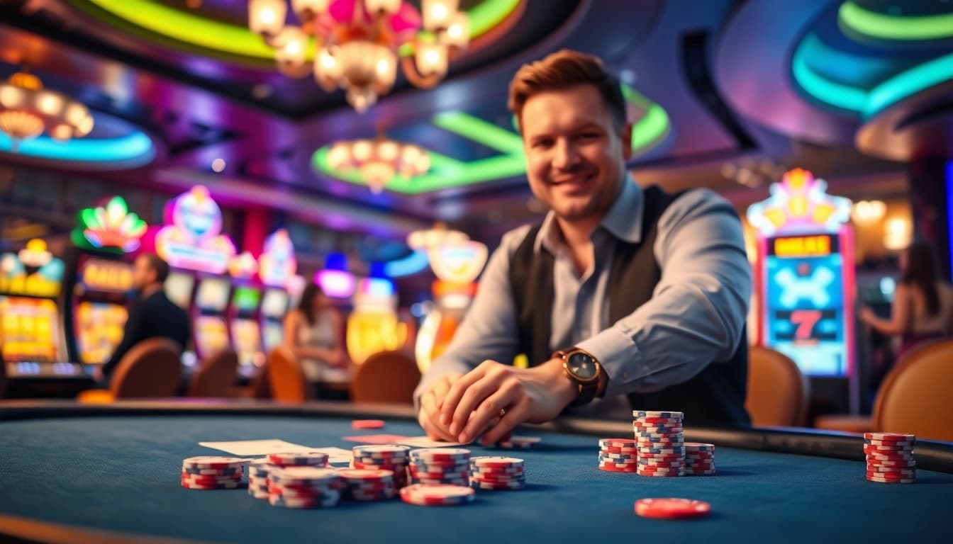 Erfreuen Sie sich an casino spiele.de in einem spielerischen Casino-Umfeld mit einem Dealertisch.