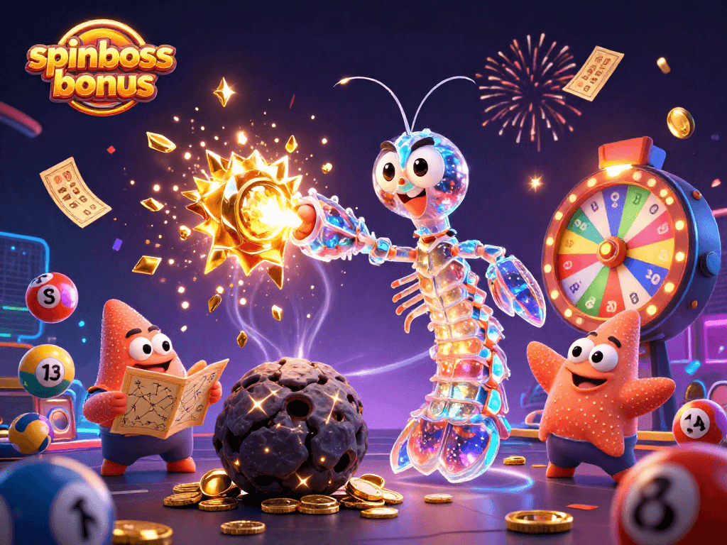 Spinboss Casino Bonus: Spieler genießen aufregende Momente mit bunten Lotteriebällen und Gutscheinen.