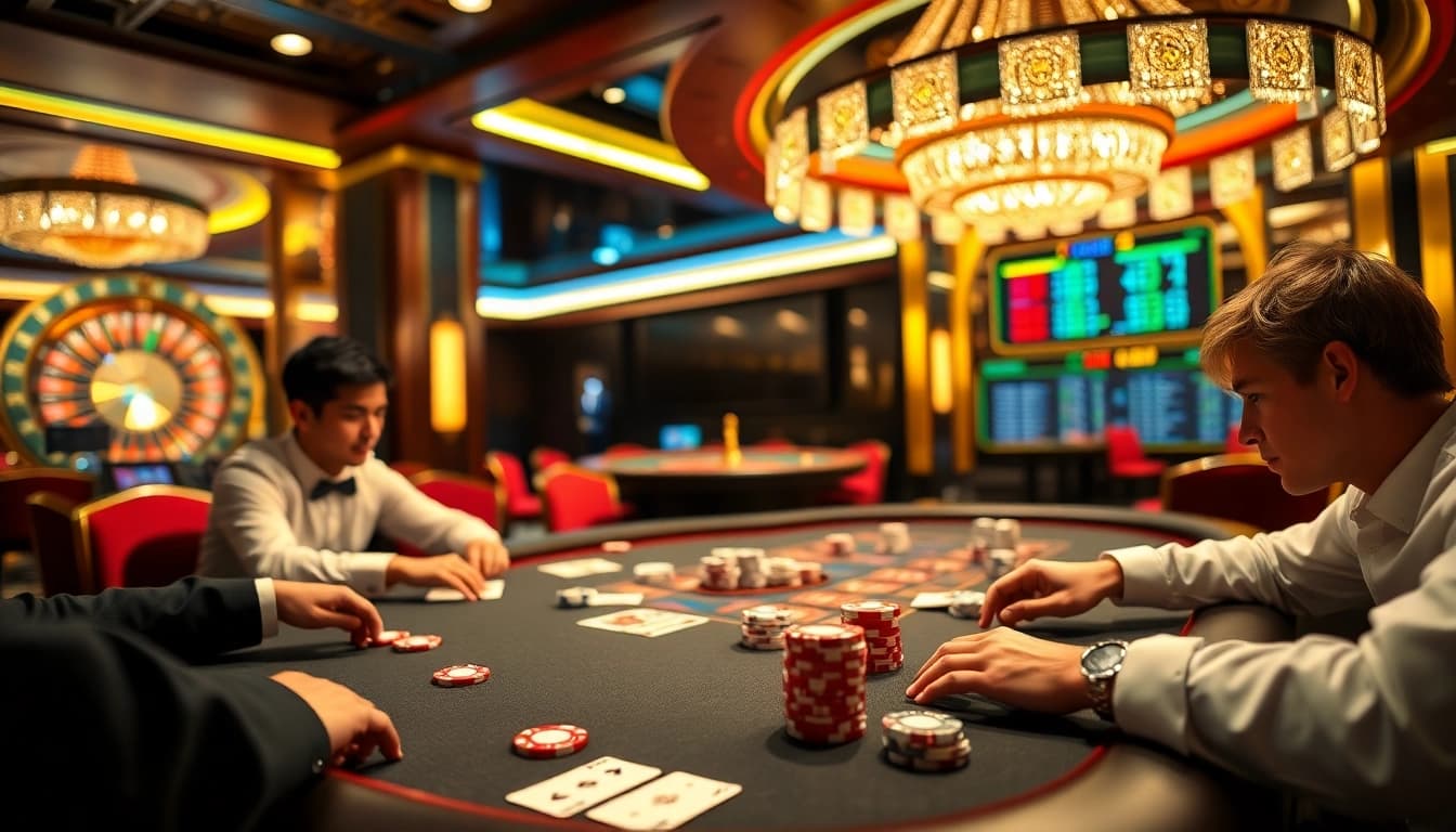 Exciting casino atmosphere at F8BET COM featuring players at a poker table.