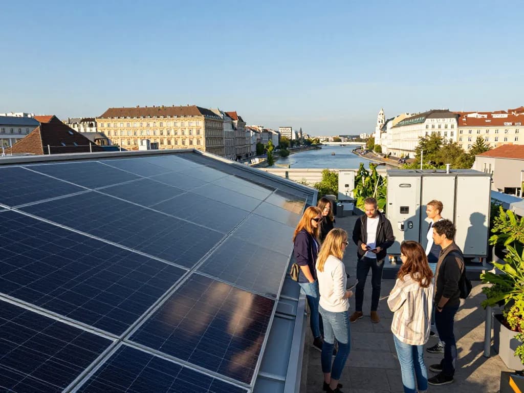 Mitglieder der Solar Wien Gemeinschaft prüfen Solaranlagen in Wien.