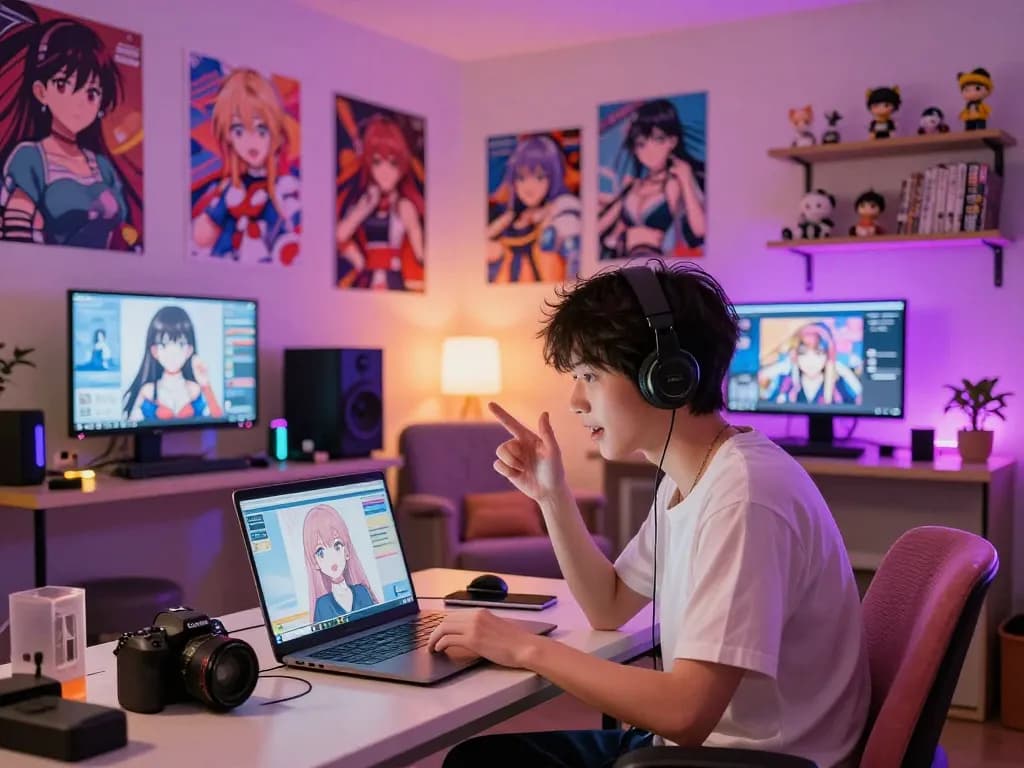 Engaging hentai ai chat session with animated character in a cozy virtual room.