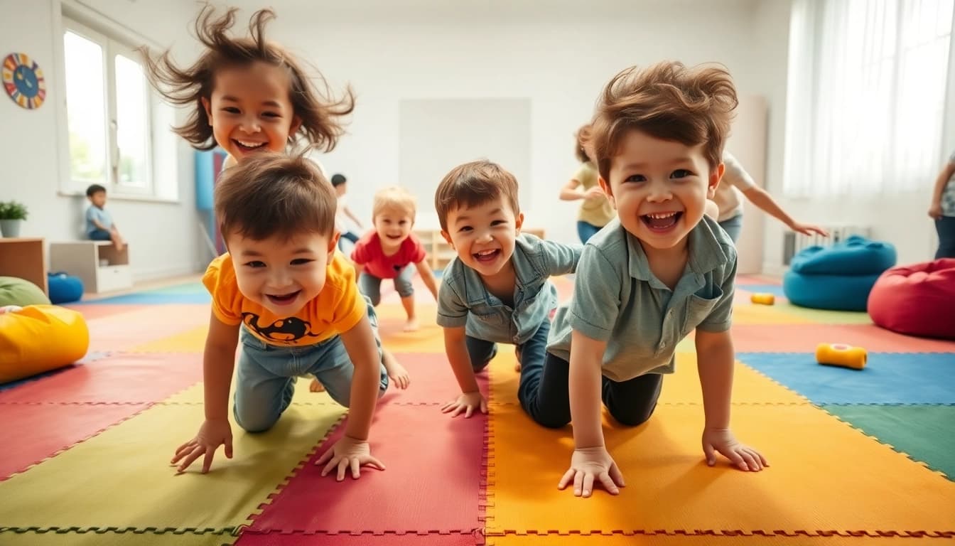 Kinder spielen drinnen Bewegungsspiele und haben Spass mehr dazu lesen