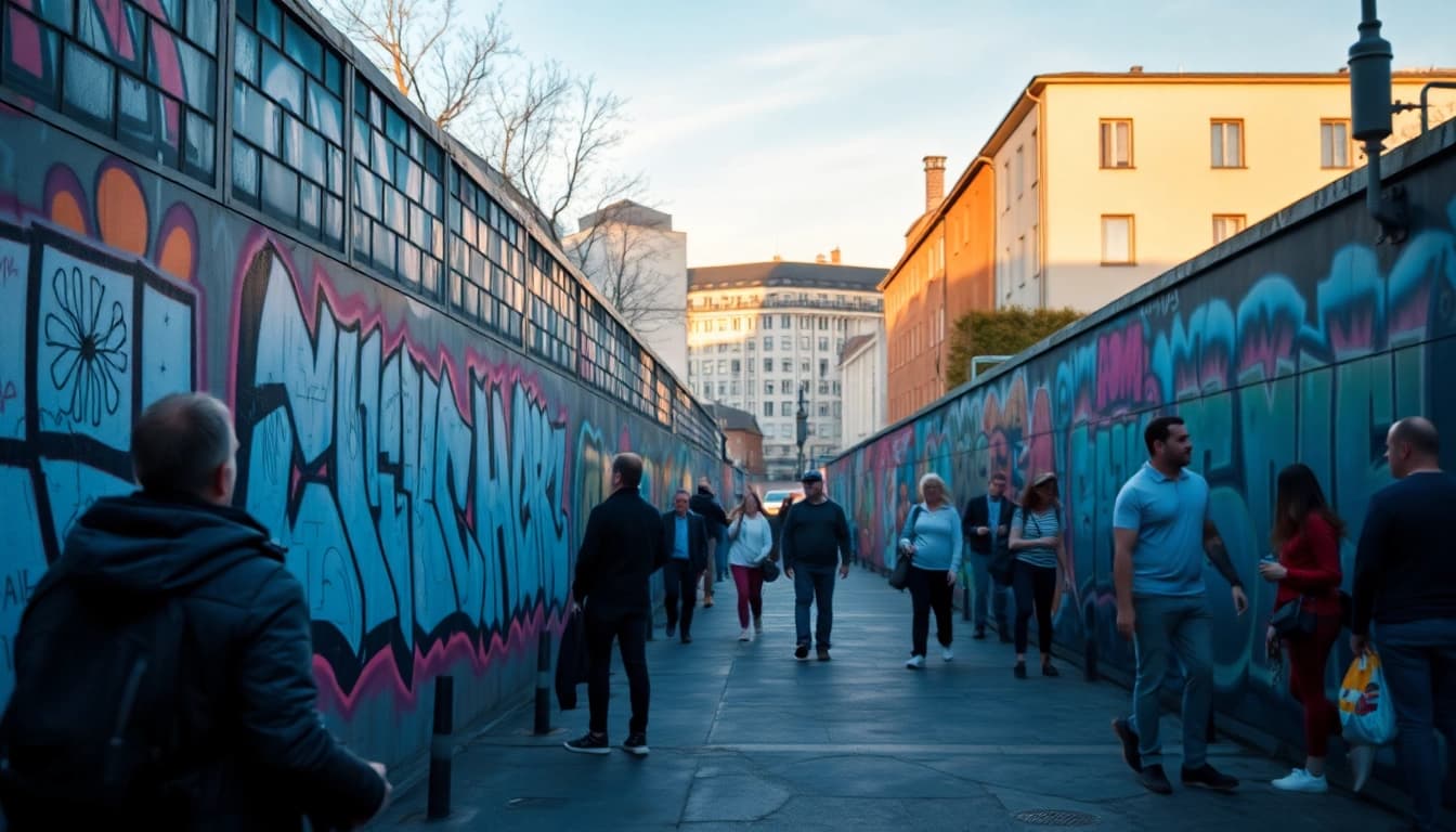 Vibrant Graffiti Frankfurt zeigt eine lebendige Straßenszene mit Kunstwerken und Menschen, die bewundern.