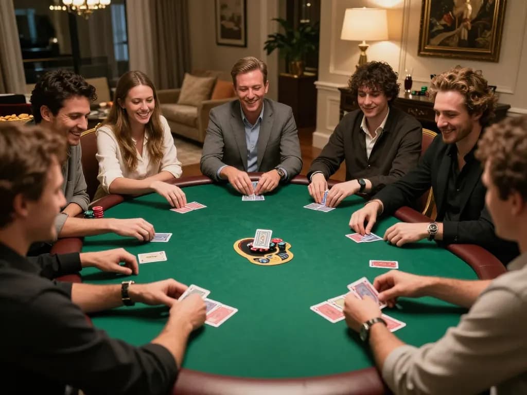 Players enjoying a home poker game at tg88, showcasing excitement with cards and chips
