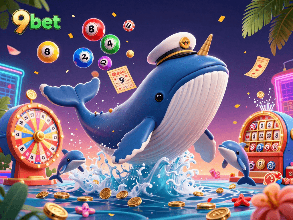 Engage in exciting games at 9bet with immersive visuals featuring a whale, narwhal, and dolphins.
