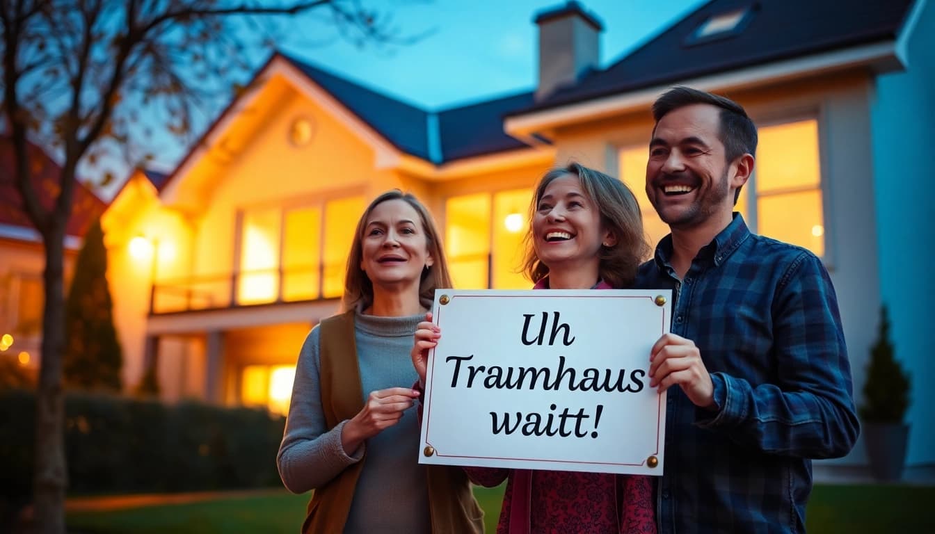 Familie besichtigt begeistert ihr Traumhaus, ideal für den Hauskauf.