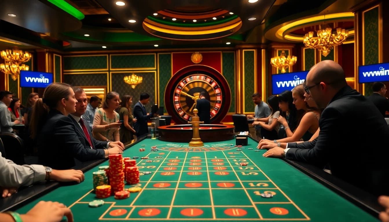 A dynamic casino scene attracting players at an elegant gaming table, showcasing vvvwin's interface prominently.