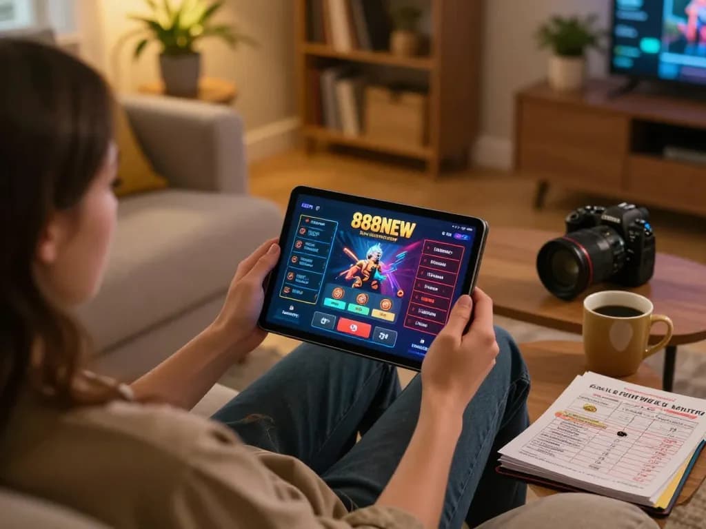 Player enjoying 888NEW online casino gaming on tablet, cozy home setting atmosphere.