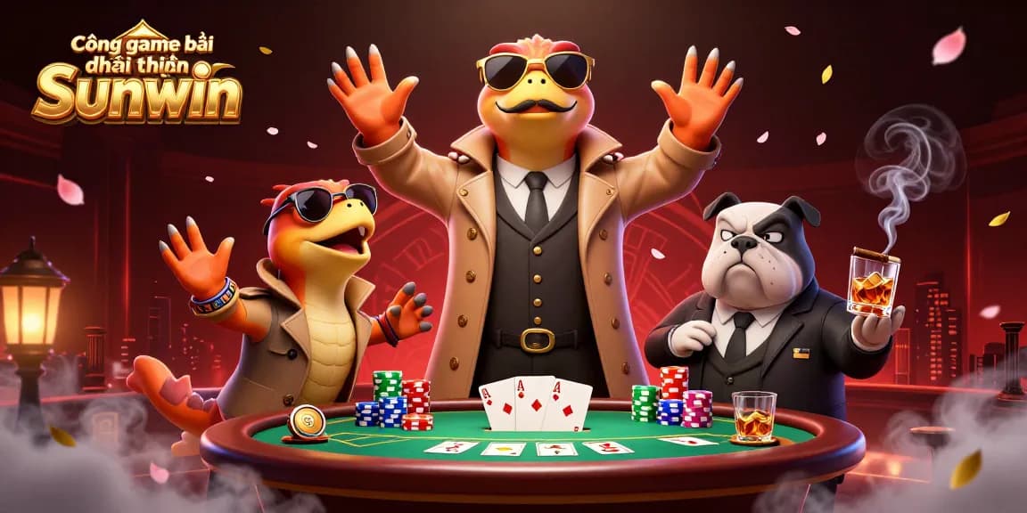 Cổng game bài đổi thưởng Sunwin showcases a humorous scene with raptors in a trench coat attempting to enter a VIP casino.