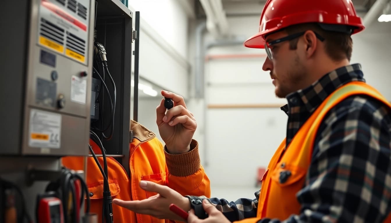 Technician conducting a DGUV V3 Prüfung on electrical equipment to ensure workplace safety and compliance.
