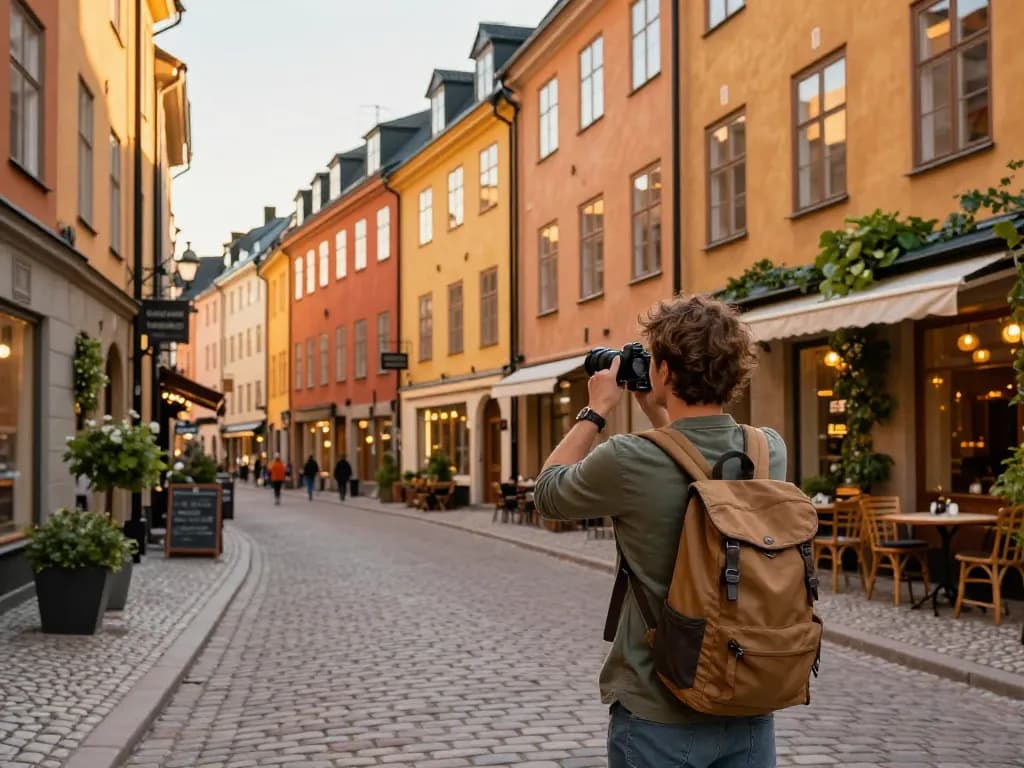 Reisetipps Stockholm: Reisender, der die bezaubernden Straßen von Gamla Stan einfängt und die lebendige Architektur sowie lokale Cafés im Licht der goldenen Stunde zeigt.