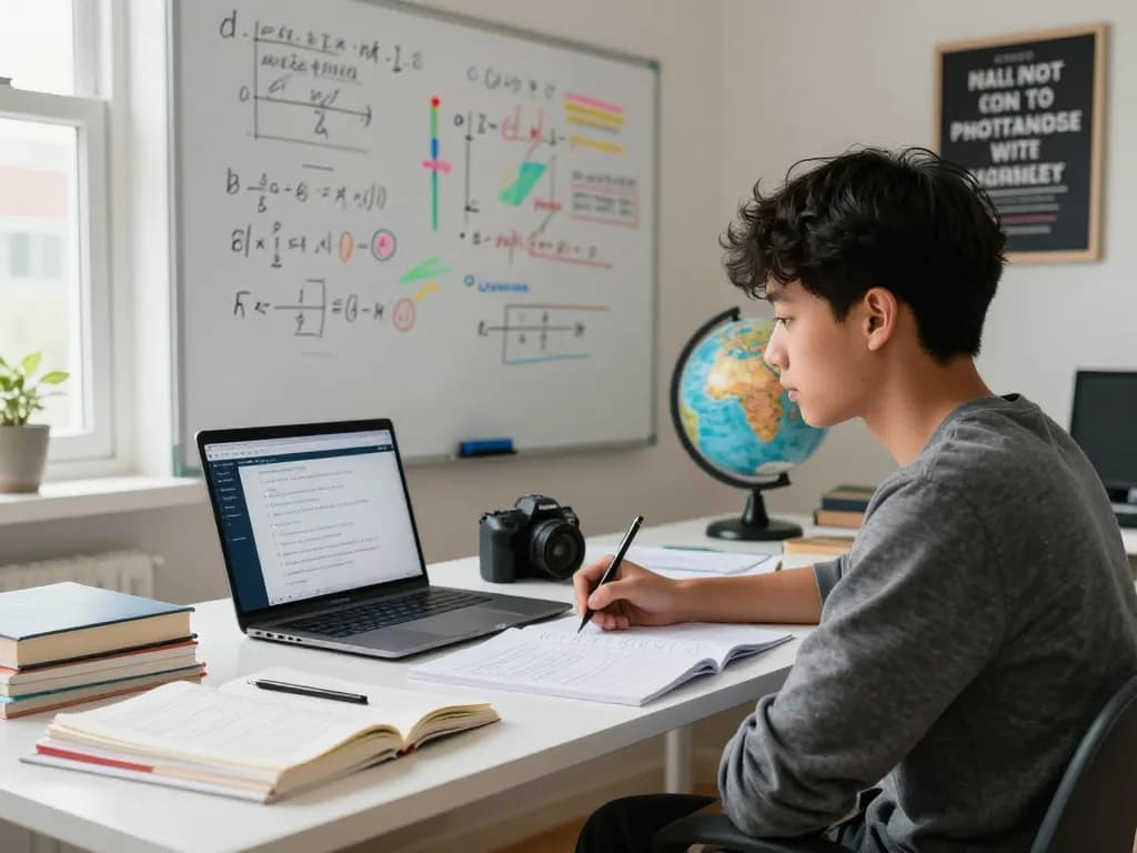 Student, der den Hausaufgaben KI-Hausaufgabenhelfer in einer modernen Lernumgebung mit Lehrbüchern und einem Laptop verwendet.