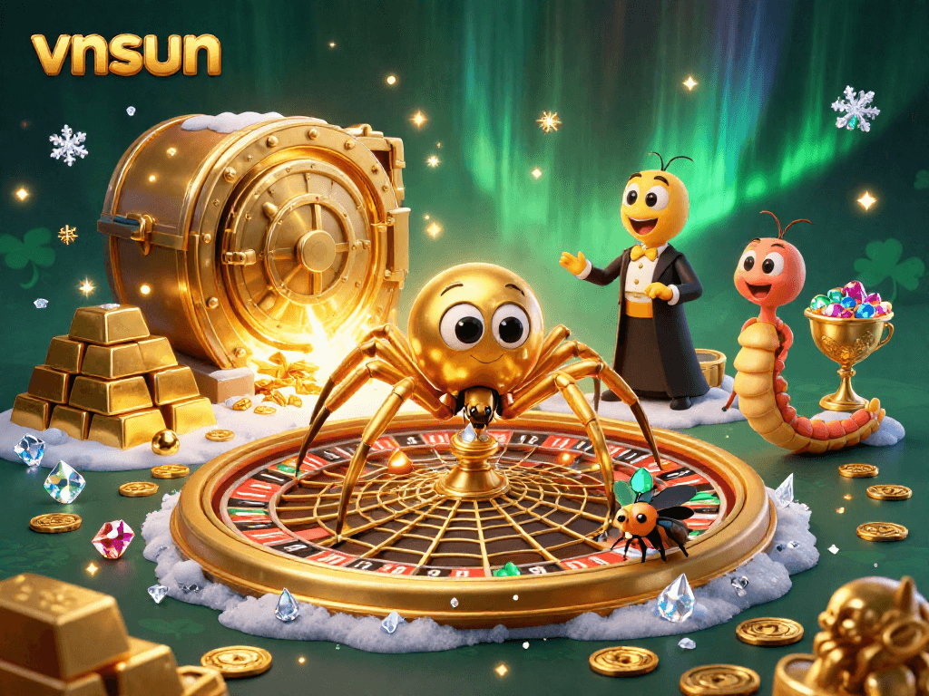 Place bets at vnsun's roulette wheel while a golden spider spins a web of opportunity.