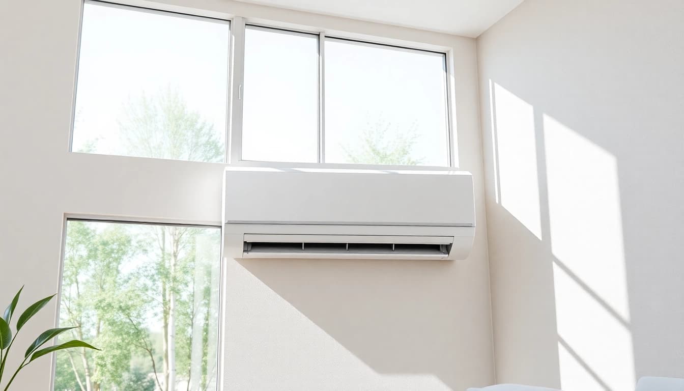 Modern Klimaanlage cooling an elegant living room with large windows and natural light.