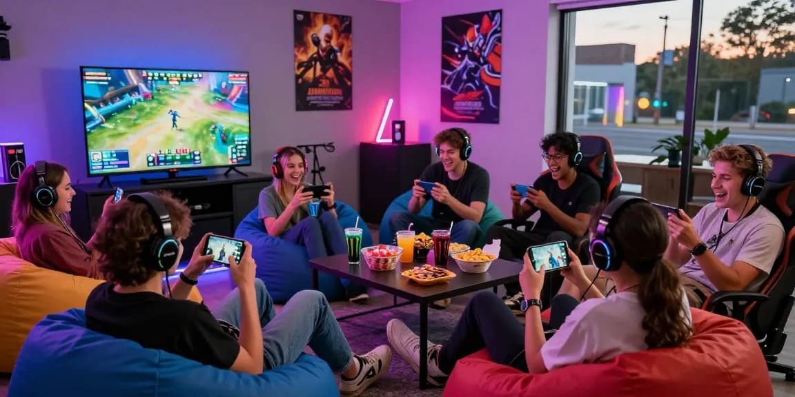 Friends enjoying rokok88 alternatif games in a vibrant gaming lounge with LED lights.