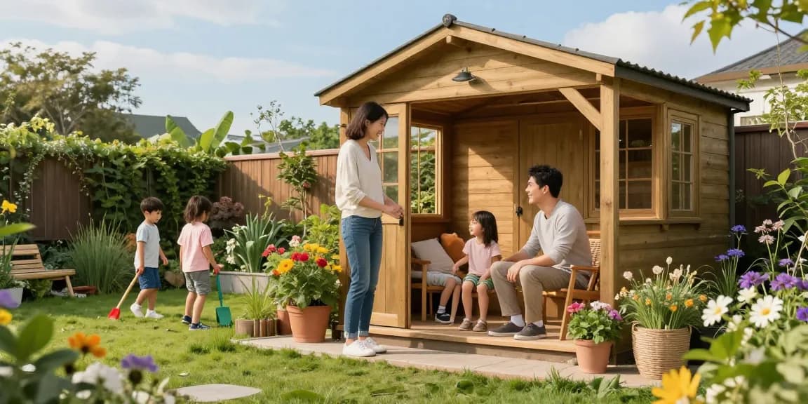 Gartenhaus kaufen: Familie entspannt im Garten mit einem stilvollen Holz-Gartenhaus.