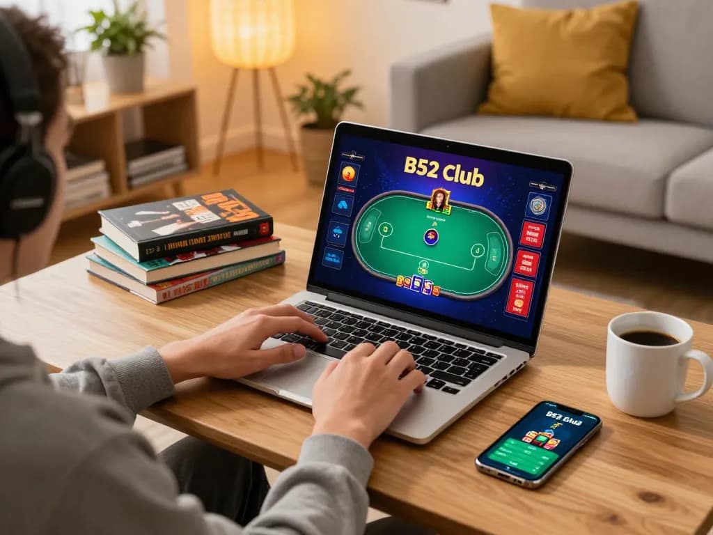 Trò chơi poker của câu lạc bộ B52 trong một không gian ấm cúng với một người chơi sử dụng laptop.