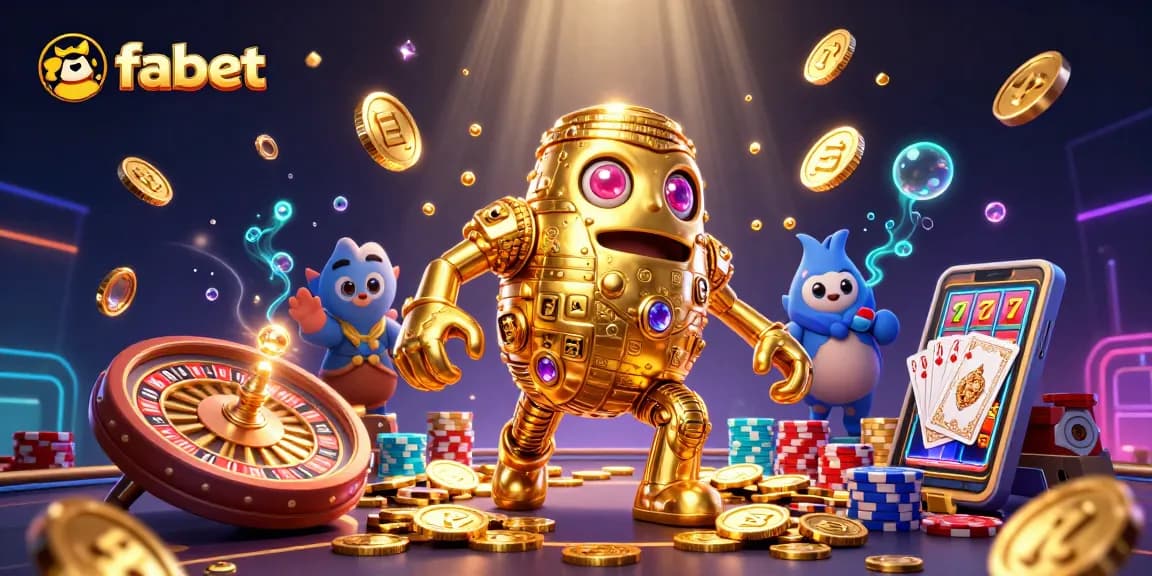 Experience excitement with FABET's vibrant 3D casino scene featuring golden golems and thrilling game symbols.