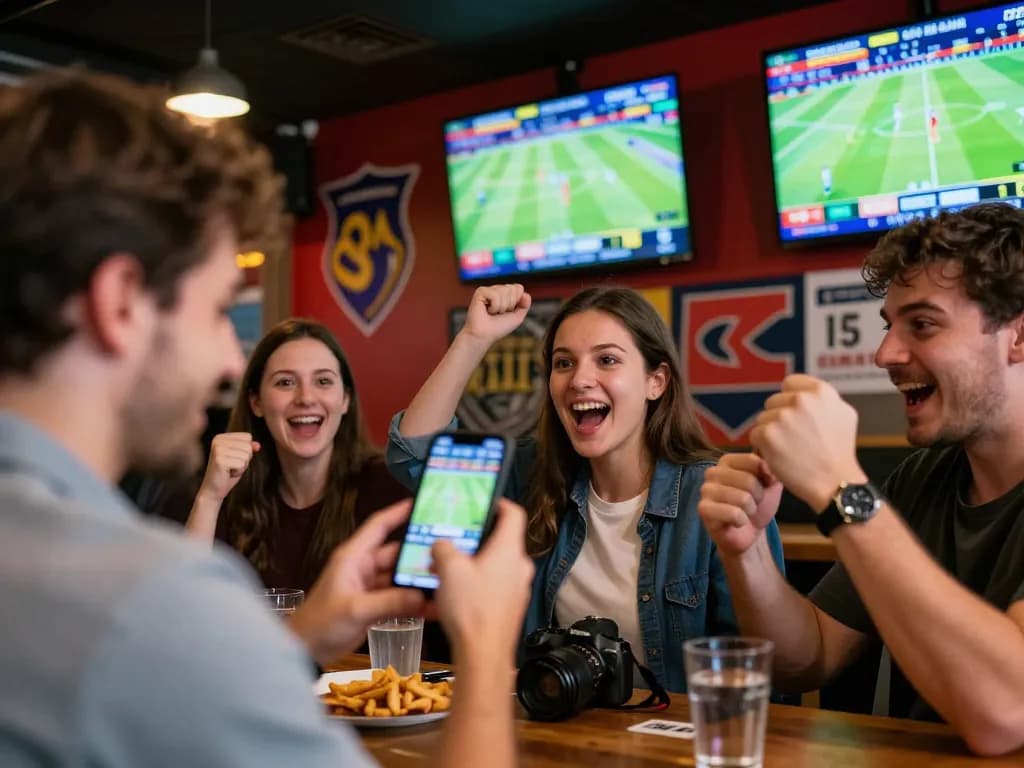 Engaging in sports betting with friends while checking soi kèo bóng đá on smartphone in lively sports bar atmosphere.
