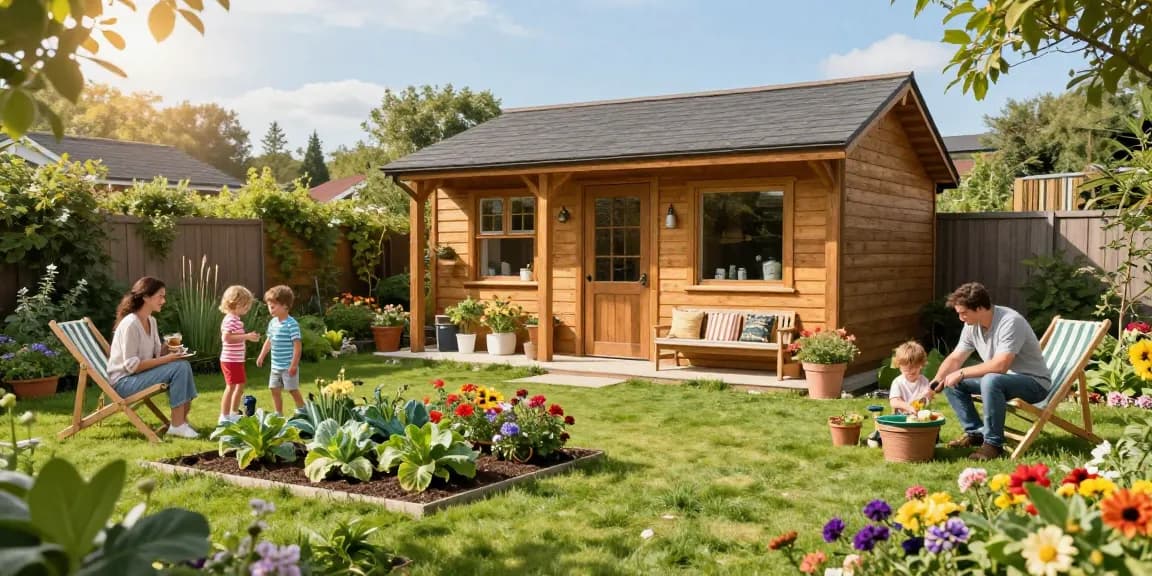Schönes Gartenhaus Holz in einem einladenden Garten, umgeben von Blumen und einer Familie, die die Natur genießt.