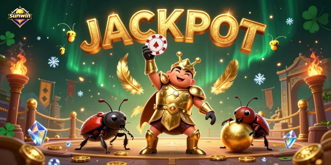 Sunwin's victorious hercules beetle and companions celebrate with a dynamic jackpot scene in a vibrant casino.