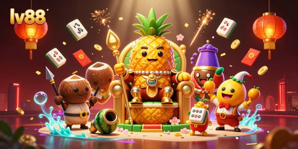 Experience lv88's thrilling casino atmosphere with our golden pineapple king and vibrant game elements.