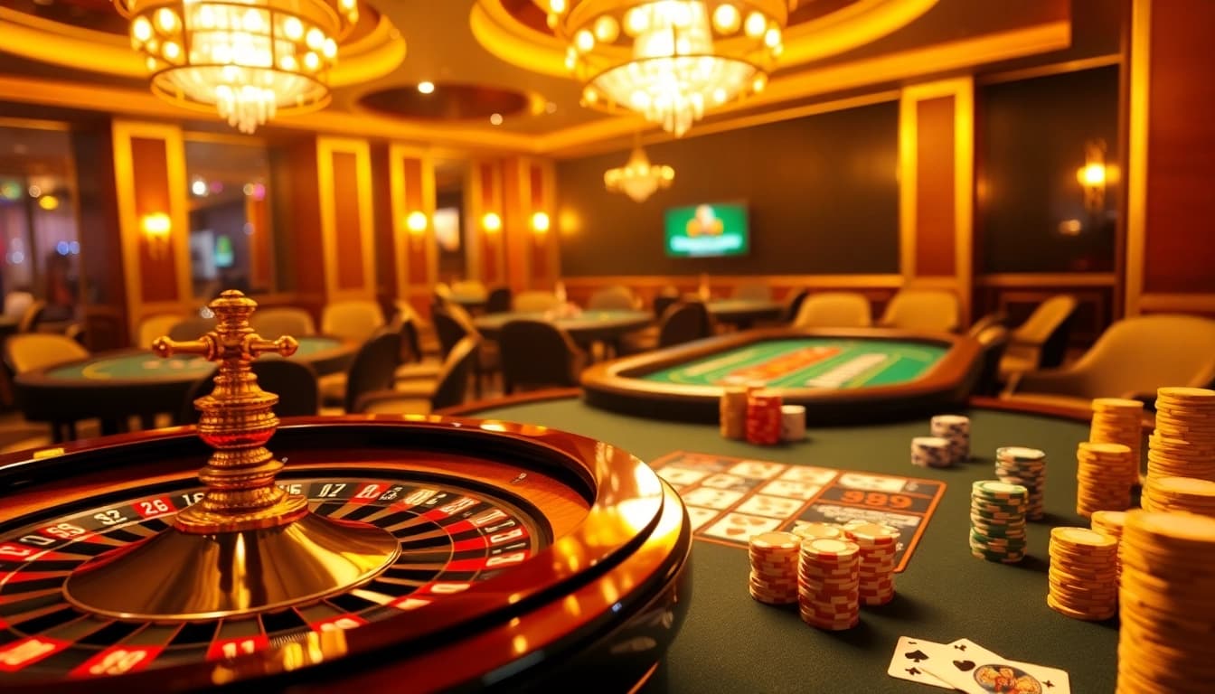 Exciting casino scene with xin88 branding, featuring roulette wheel, poker chips, and cards.