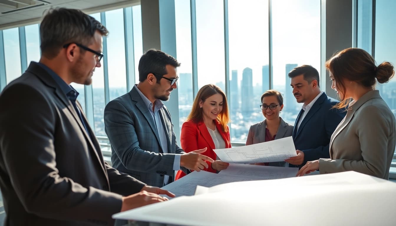 Headhunter Ingenieure beraten verschiedene Ingenieure in einem modernen Büro über Jobmöglichkeiten.