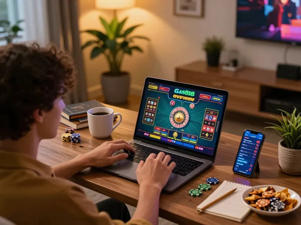 Engaging experience playing Go88 roulette online with laptop and smartphone in a cozy home setup.