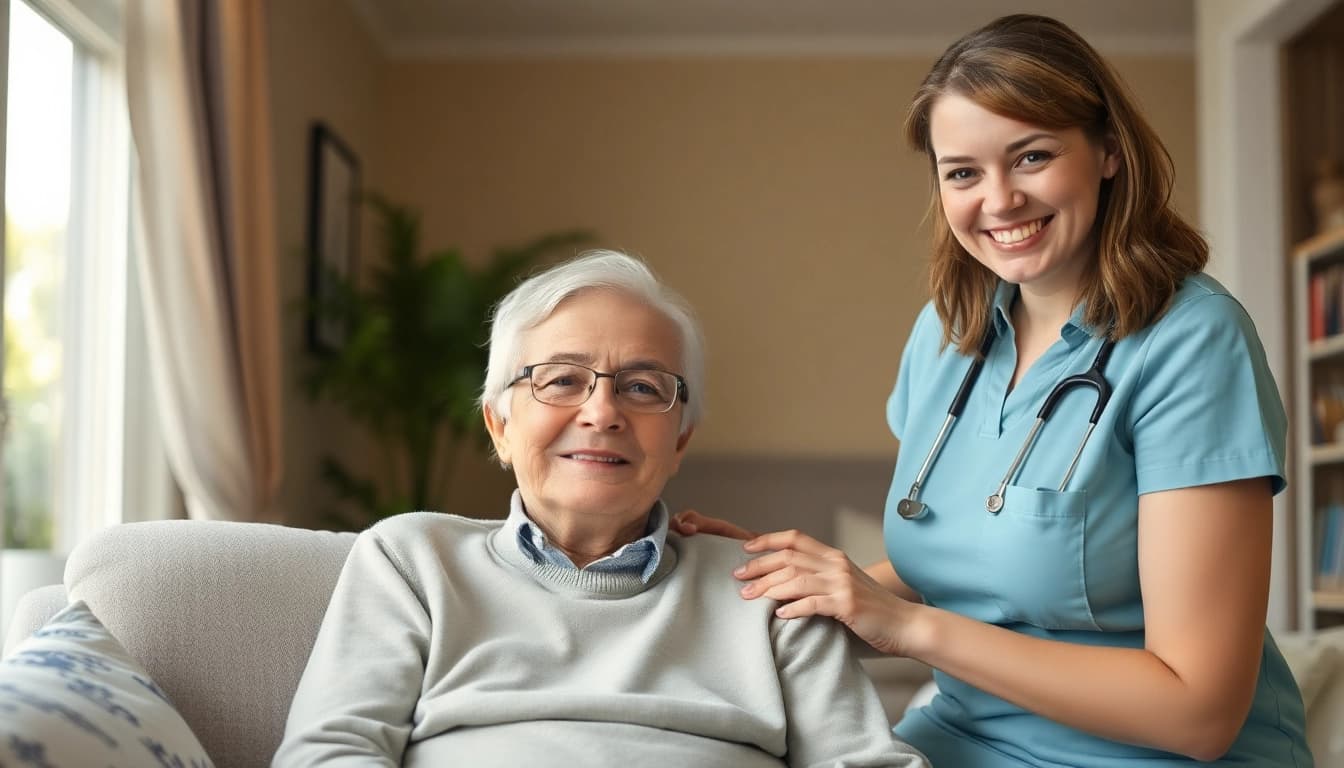Die pflegefachkraft hameln betreut einen älteren Patienten in einem hellen Wohnraum, gepaart mit einem freundlichen Lächeln.