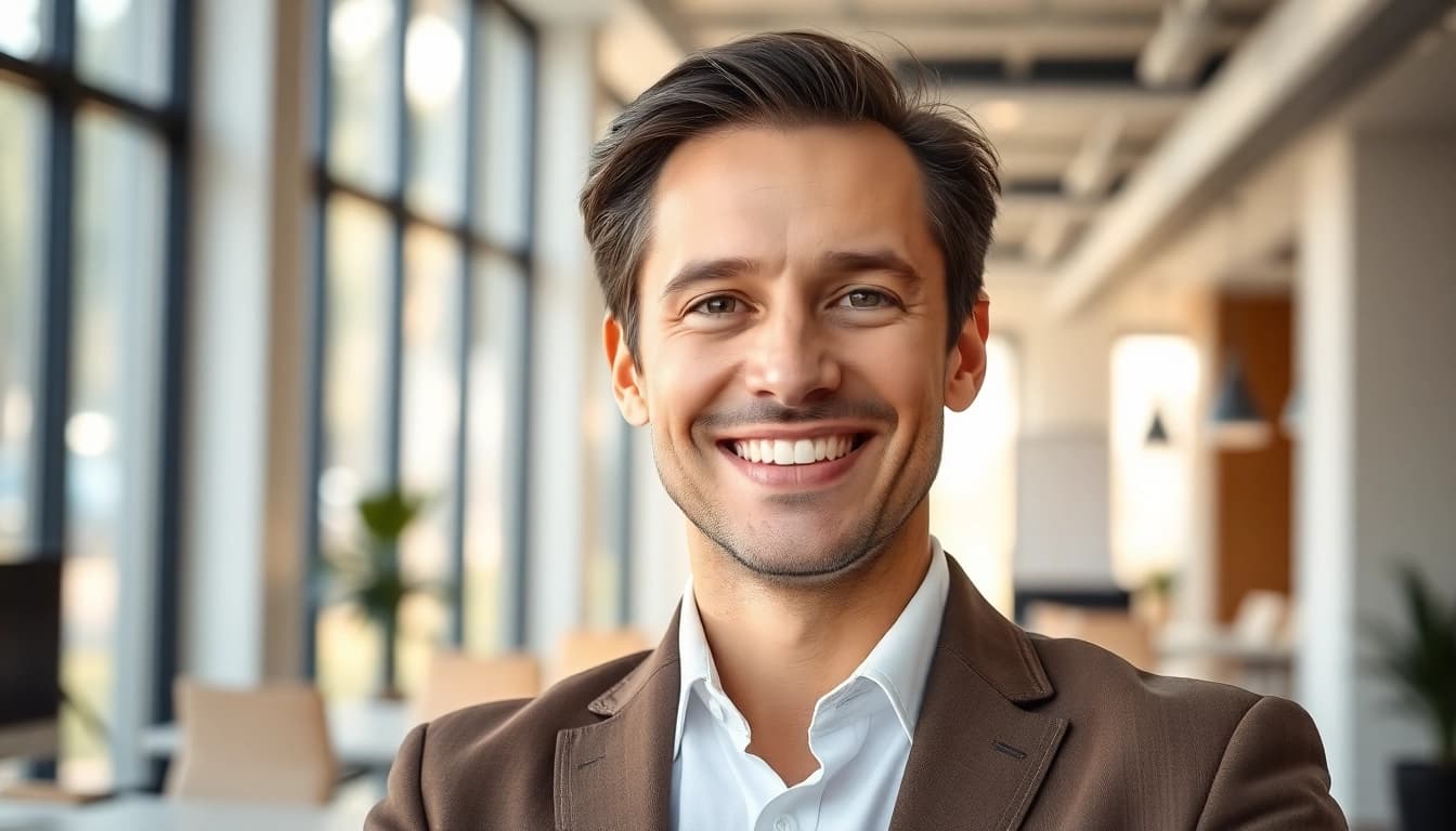 Professionelles Business Portrait München mit einem erfolgreichen Unternehmer in modernem Büro.