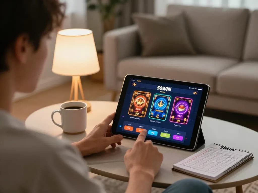 Engaging with the 56WIN casino app on a tablet in a cozy home setting