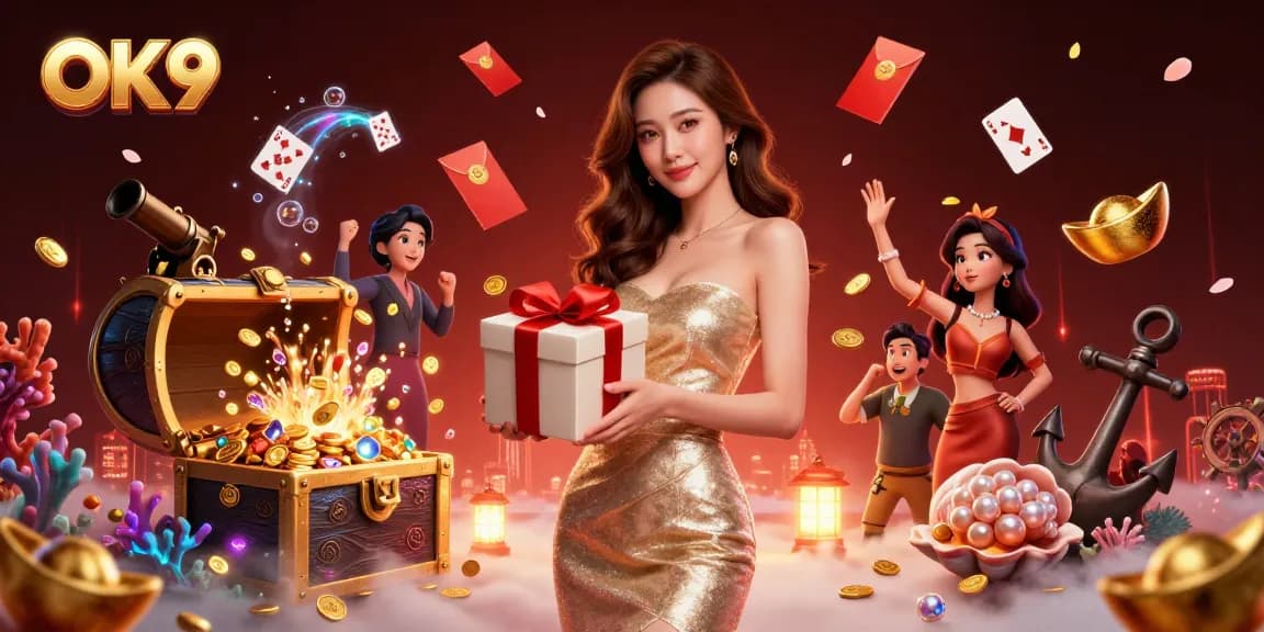 Experience thrilling gameplay on OK9 while celebrating with festive elements and vibrant casino imagery.