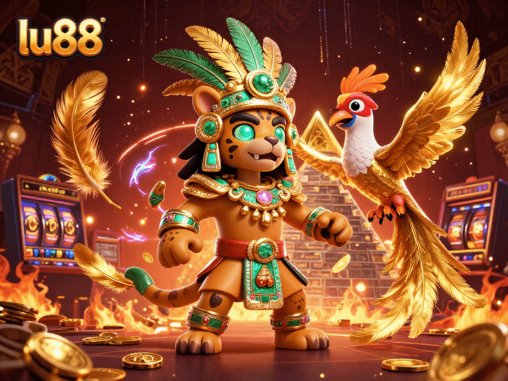 Experience excitement at lu88 with a Mayan priest betting amidst shimmering coins and dynamic casino elements.