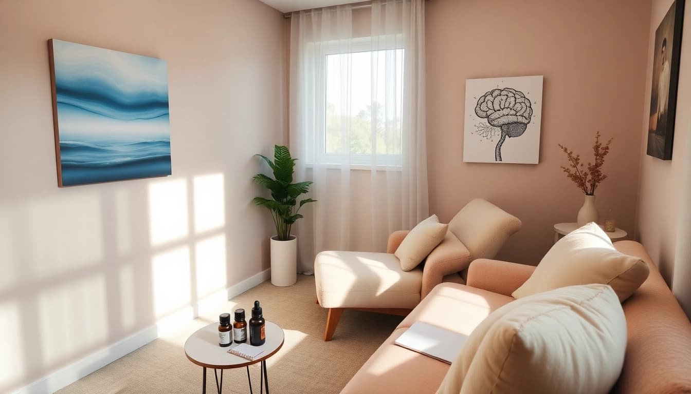 Relax and rejuvenate at Hypnoseinstitut’s calming therapy room with soothing decor.