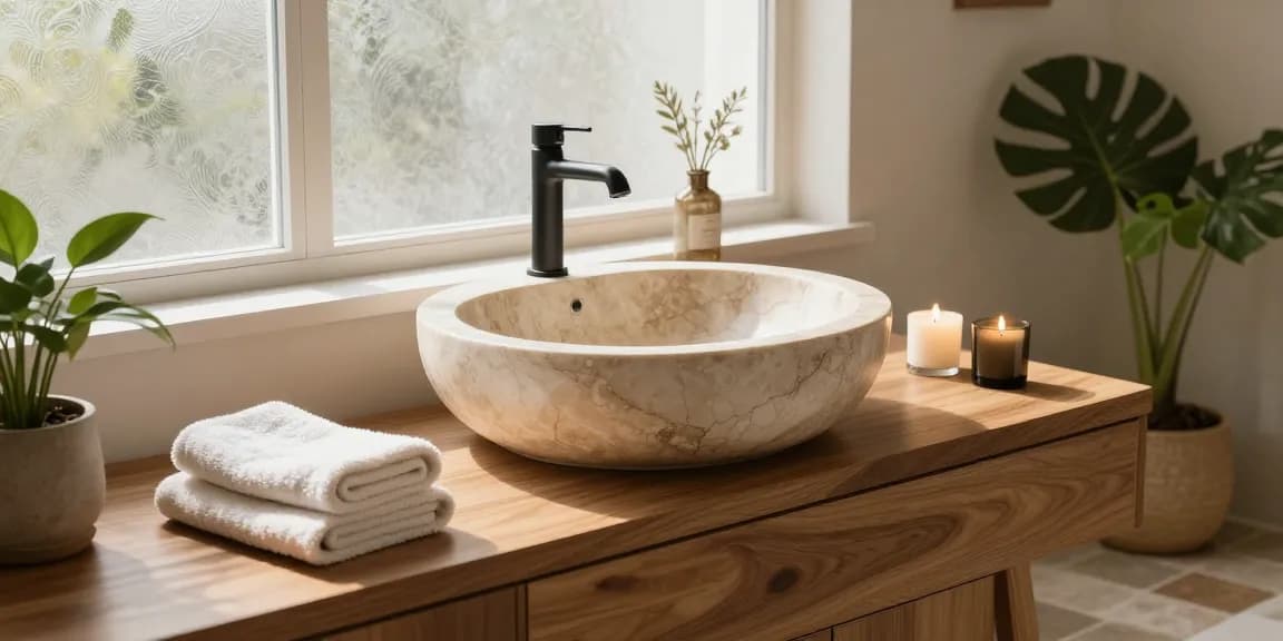 Stijlvolle waskom natuursteen outlet gepresenteerd in een moderne badkamer met natuurlijk licht en elegante accessoires.