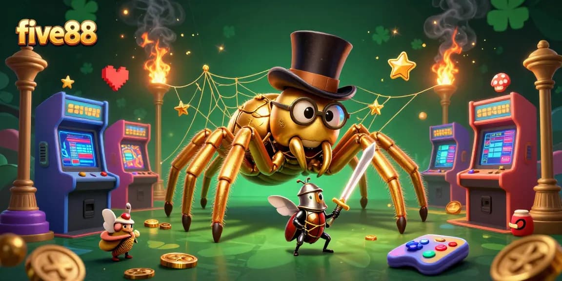Experience gaming and winning at five88 with vibrant characters, golden elements, and exciting arcade machines.
