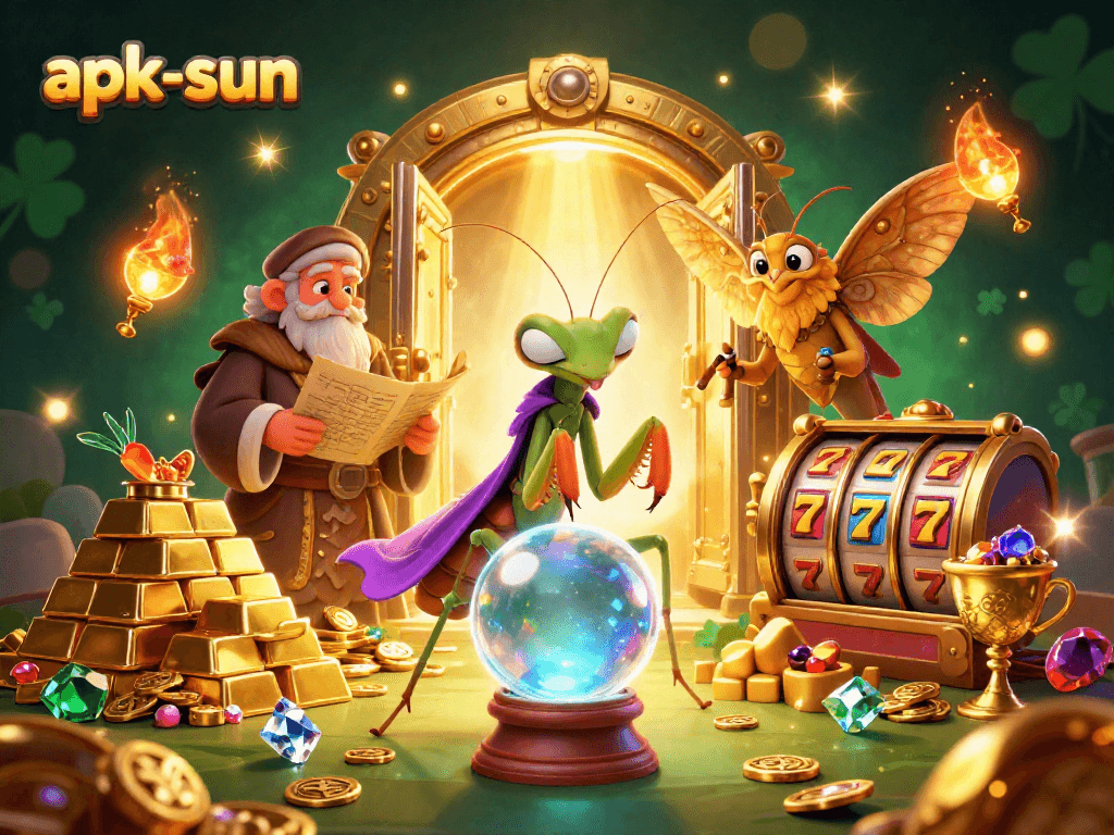 Engage with apk-sun's vibrant casino scene featuring a mystical fortune teller and classic slot elements.