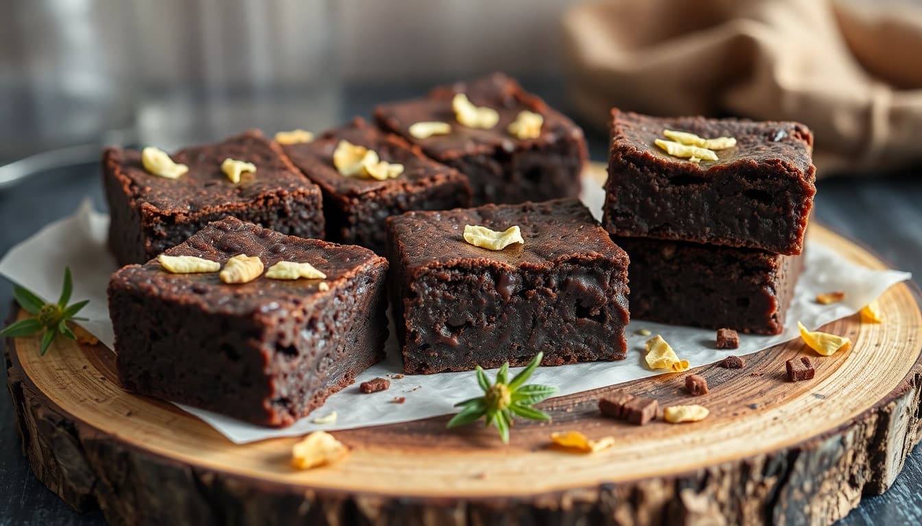 Genießen Sie schokoladige Weed Brownies, frisch gebacken mit einem fudgy Kern und einer ansprechenden Garnitur aus Minzblättern.