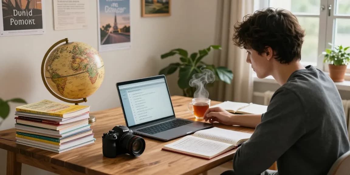Quiz Allgemeinwissen in einer heimischen Lernumgebung mit Laptop, Notizen und Tee.