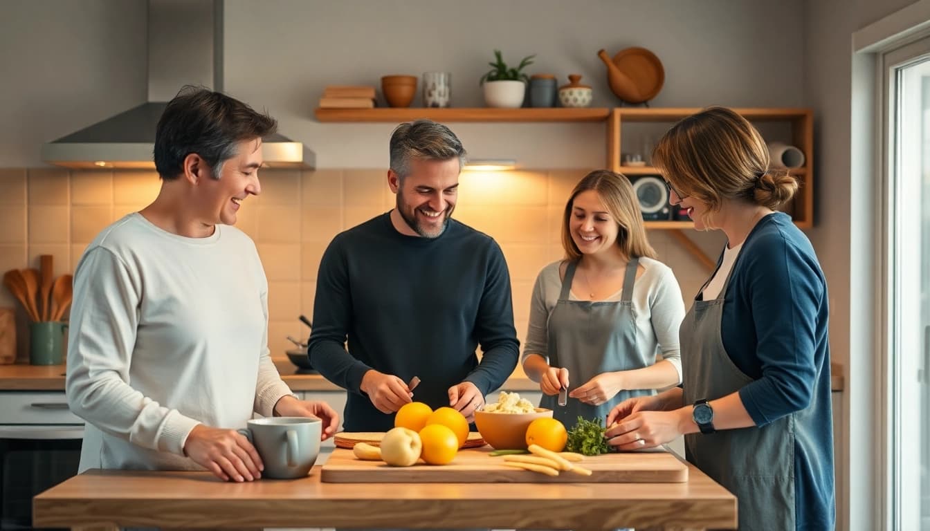 Hauswirtschaft hameln: Familienmitglieder harmonisch bei der Hausarbeit zusammenarbeiten.