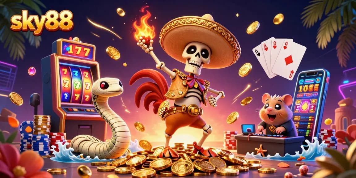 Experience the thrilling action at sky88 with a vibrant 3D slot machine scene featuring exciting characters and golden coins.