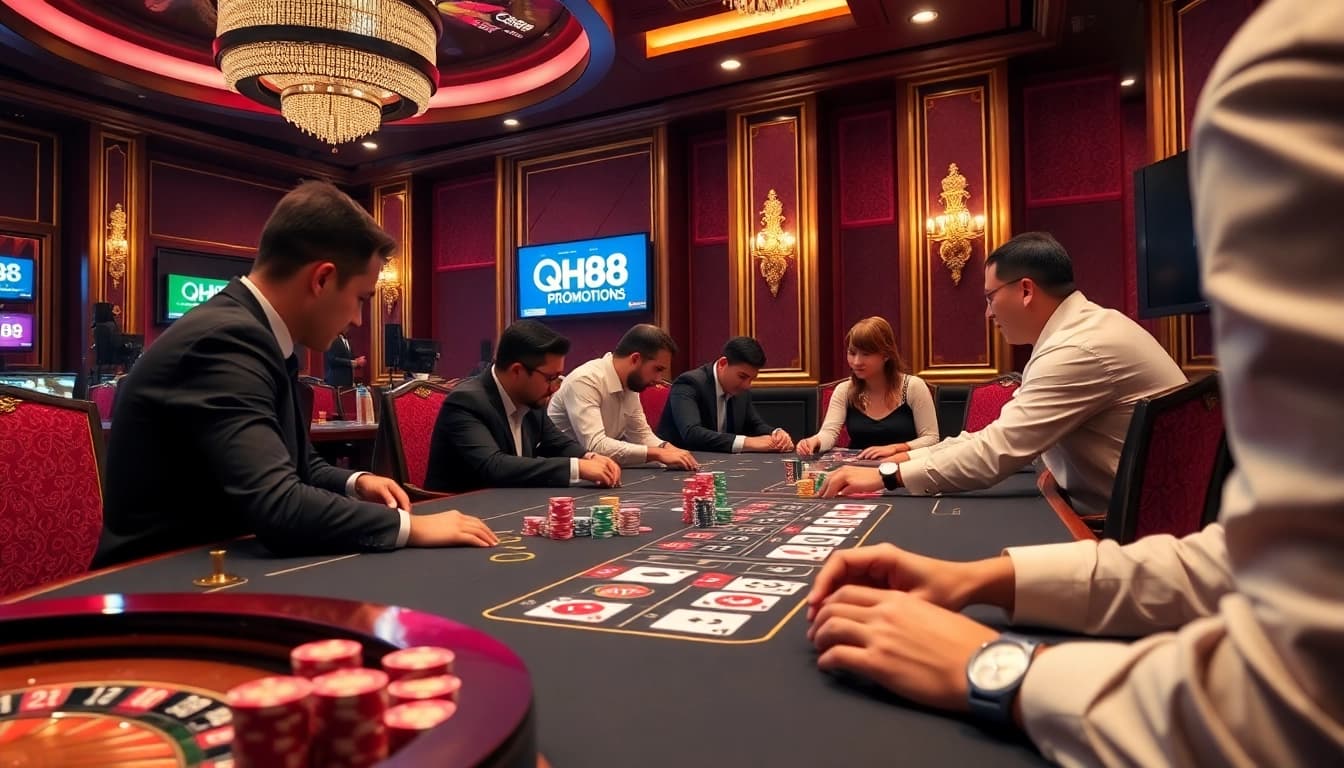 Engage in a thrilling poker game at qh88 casino with vibrant chips and exciting card play.