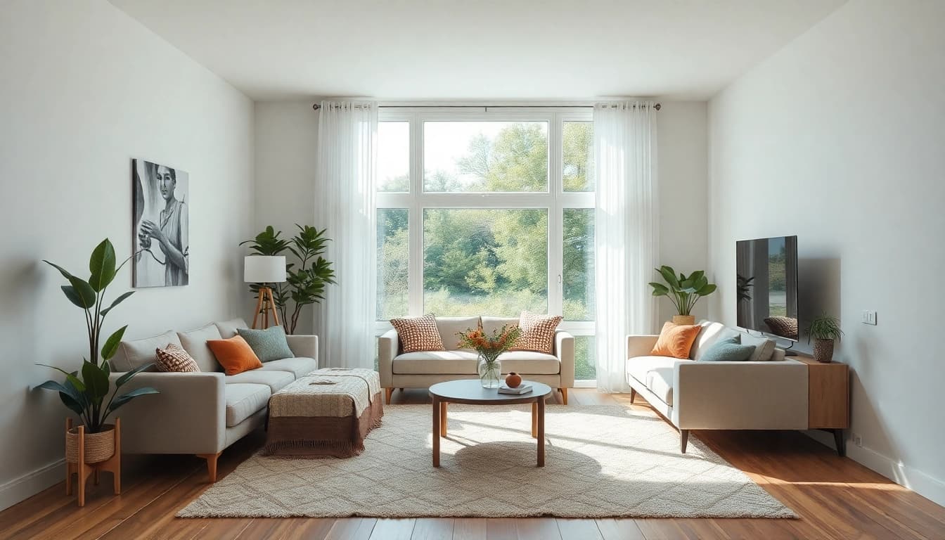 Raumgestaltung eines einladenden Wohnzimmers mit natürlichen Lichtverhältnissen und harmonischen Farben.