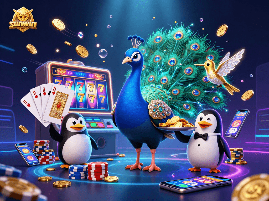 Spin to win at sunwin with stunning 3D characters amidst vibrant casino elements.