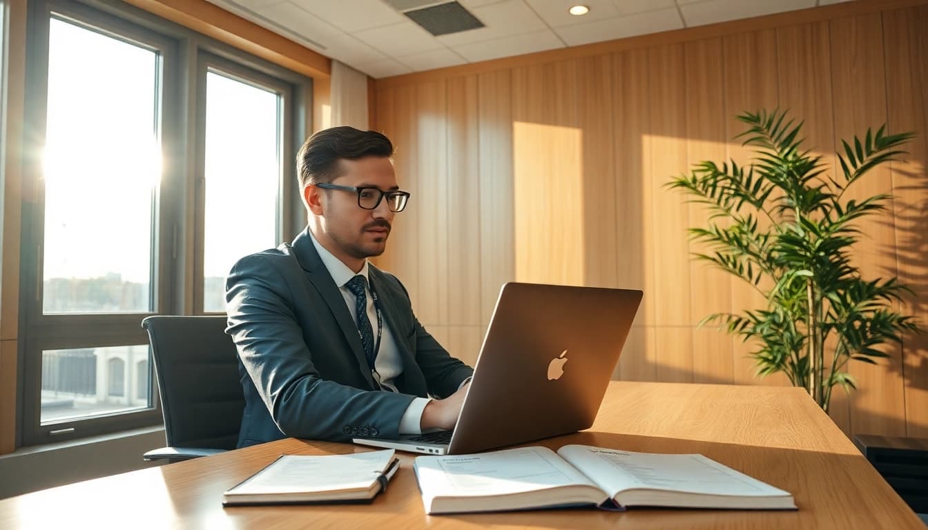 Headhunter Kassel arbeitet an einem Laptop in modernem Büro, zeigt professionelle Umgebung und Engagement im Recruiting.