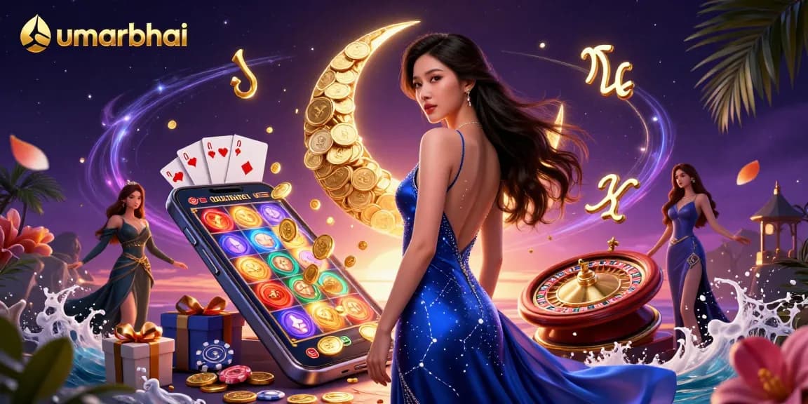 Experience thrilling gameplay with umarbhai, showcasing an elegant Asian woman and vibrant casino elements.