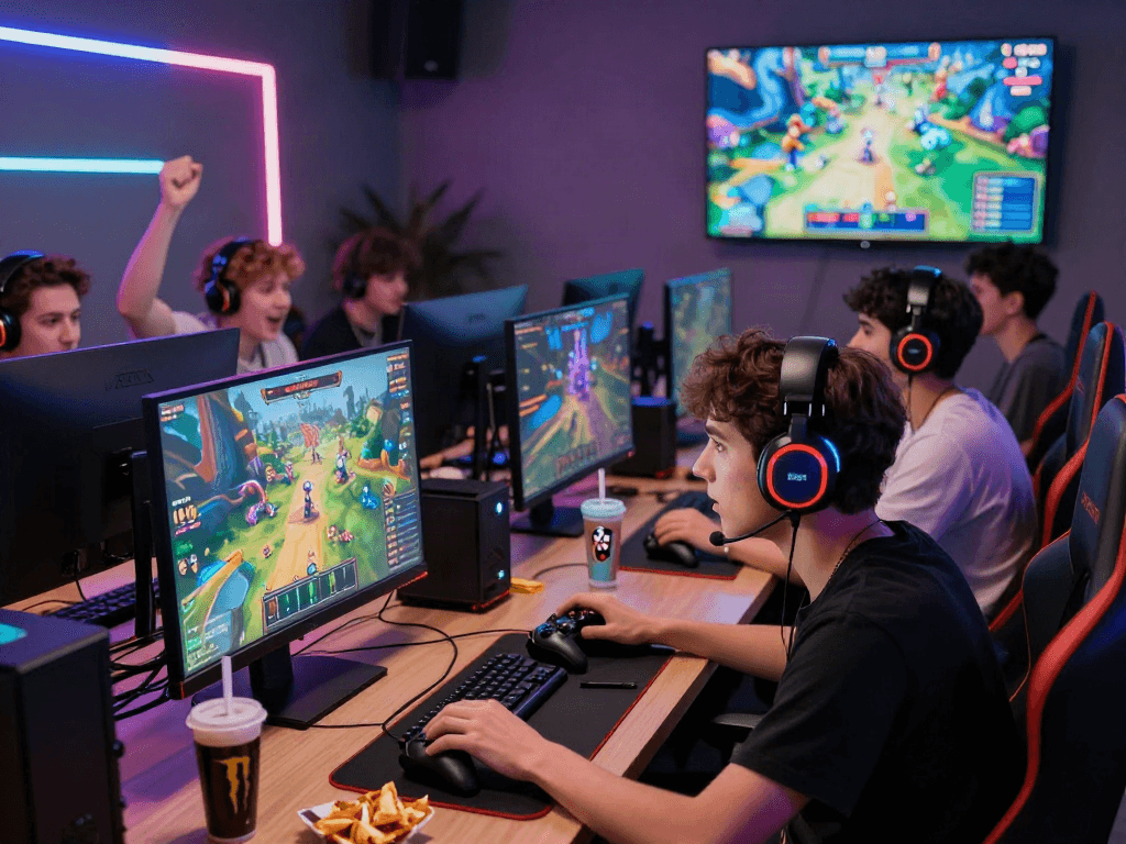 Diverse gamers enjoying a tense rokok88 competition in an energetic lounge setting.