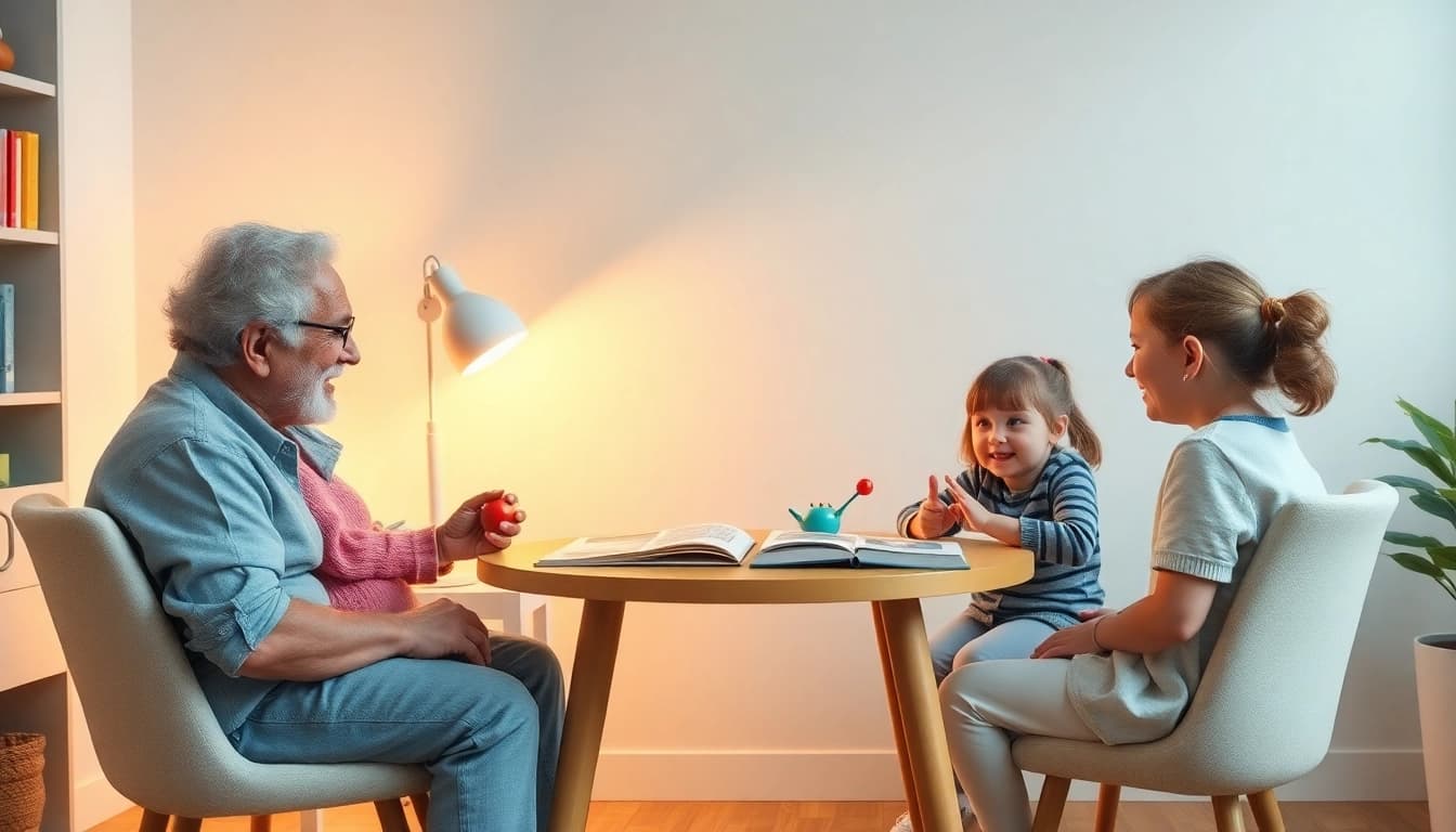 Kindererziehung in einer harmonischen Familienszene mit Großeltern, Eltern und Kindern, die gemeinsam spielen.